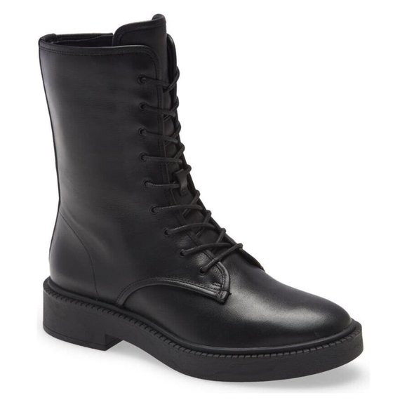 $500 Vince Kady Lace-Up Leather Bootie ZIP BLACK LEATHER COMBAT 9.5 (ME22)